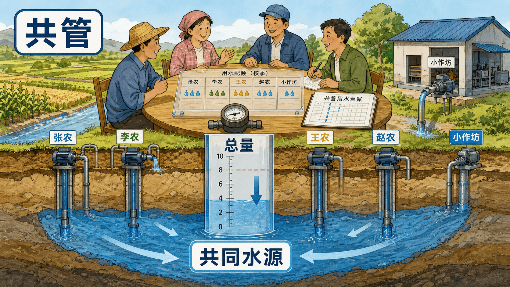 多个取水者、地下水位监测与共管会议共同组成的地下水治理示意图