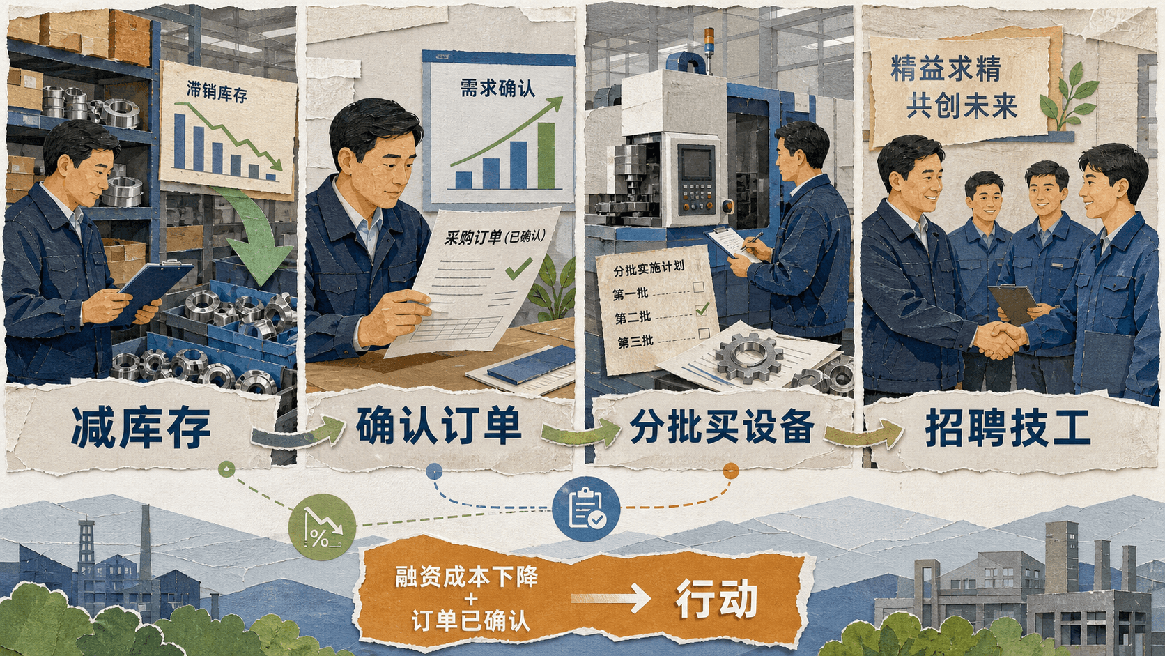 华新零部件厂从减库存到确认订单、分批购设备和招聘技工的四格拼贴图