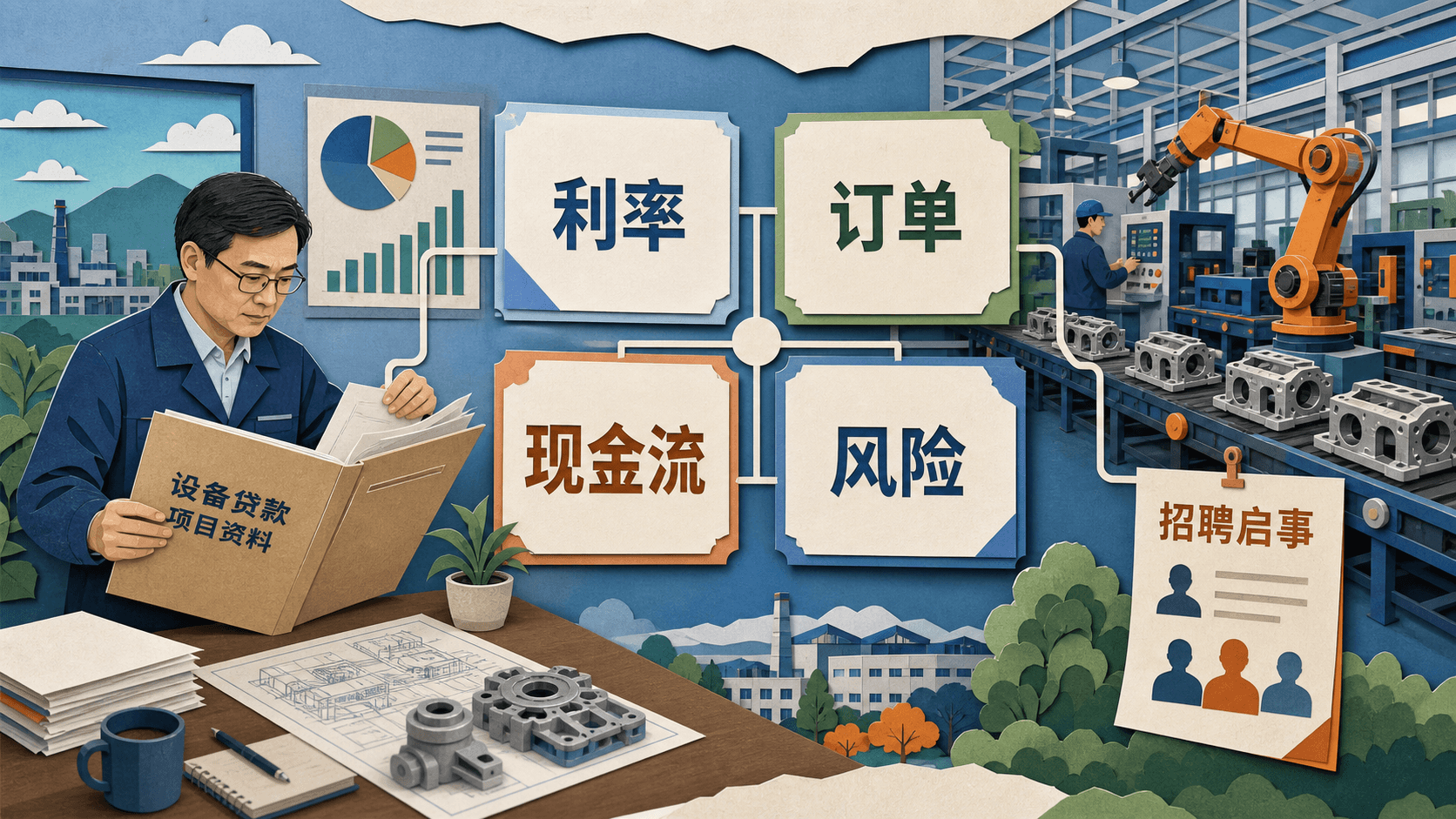 设备贷款需要同时衡量利率、订单、现金流和风险的工厂决策拼贴图
