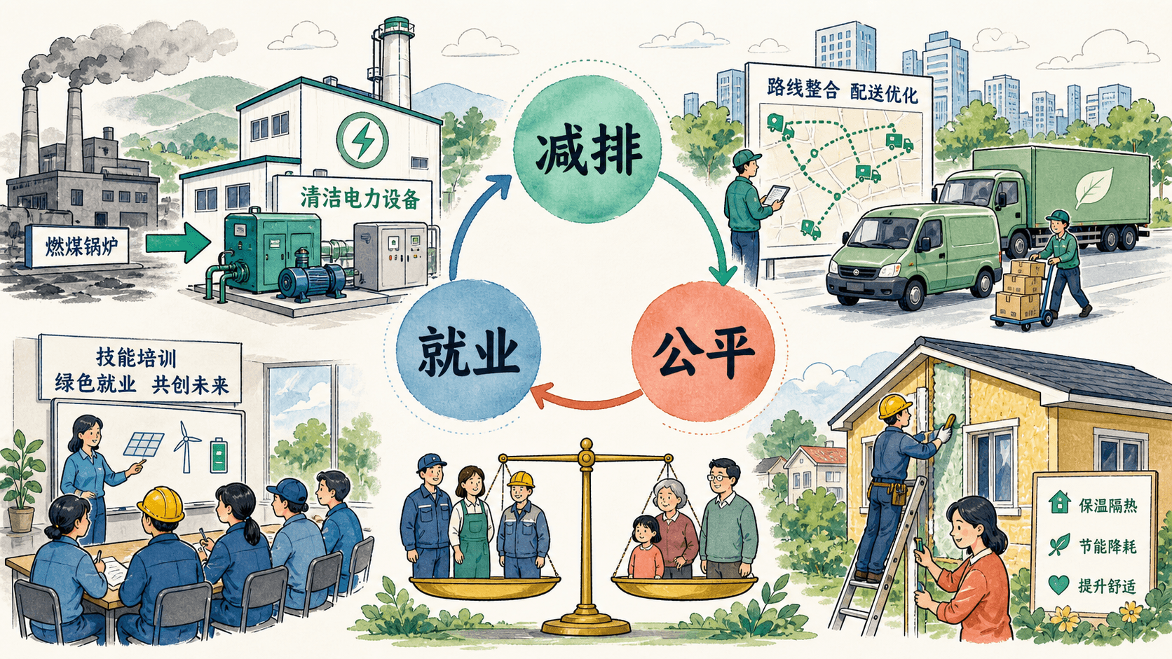 清洁设备、物流优化、工人培训与住区节能共同组成公平低碳转型的示意图