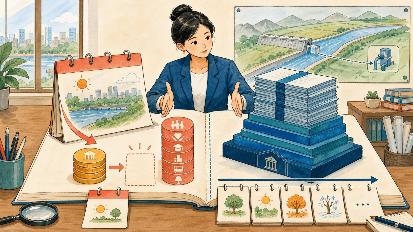 财政分析人员在账本前对照当期收支缺口和跨期累积的债务存量,背景是防洪工程示意。