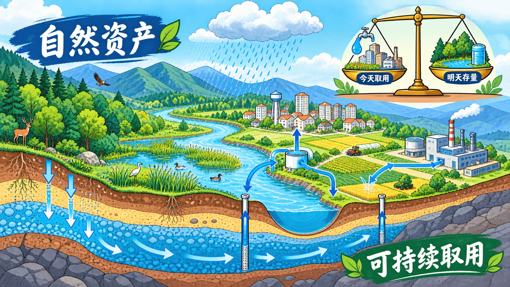 清河镇流域中取水、地下水补给与湿地滞洪相互关联的自然资产示意图