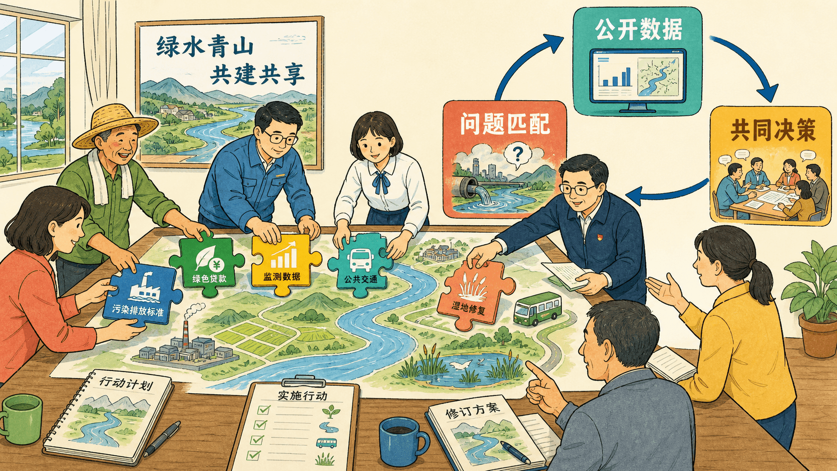 居民、企业与政府围绕标准、绿色信贷、监测、公交和湿地修复形成政策匹配闭环的示意图