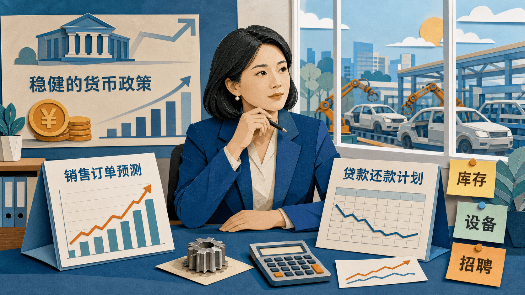 华新零部件厂负责人在订单预测与贷款还款计划之间评估库存、设备和招聘的拼贴图