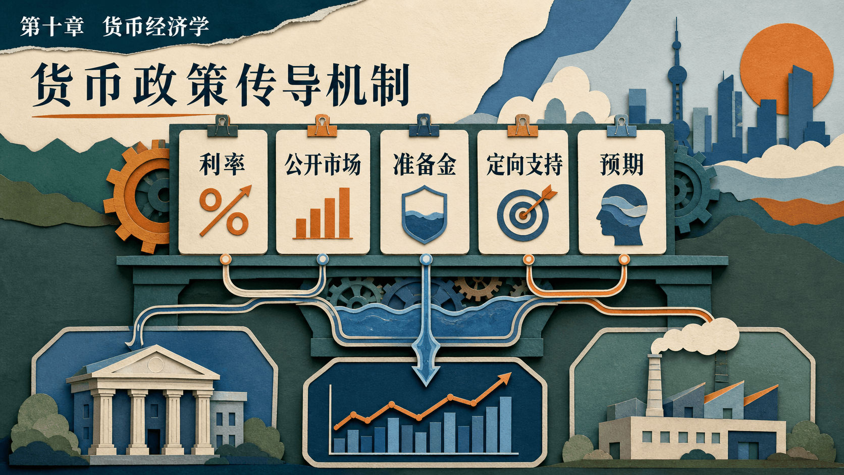 货币政策工具连接银行、市场与工厂的中文拼贴信息图