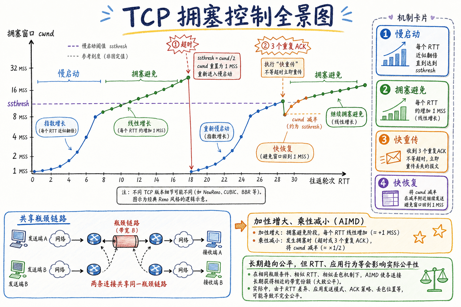 TCP 拥塞控制全景:拥塞窗口从慢启动进入拥塞避免,丢包后更新慢启动阈值,并通过快速重传与快速恢复响应拥塞、维持公平。