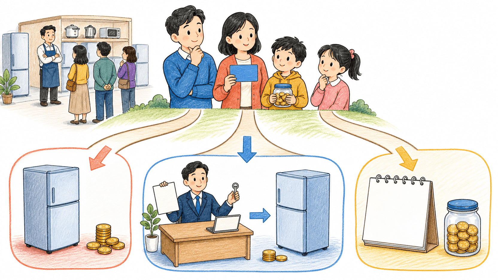 阿宁家庭站在三条分岔路前,对比存款直接购买家电、通过银行条件获得信贷和延后购买继续储蓄三种选择。