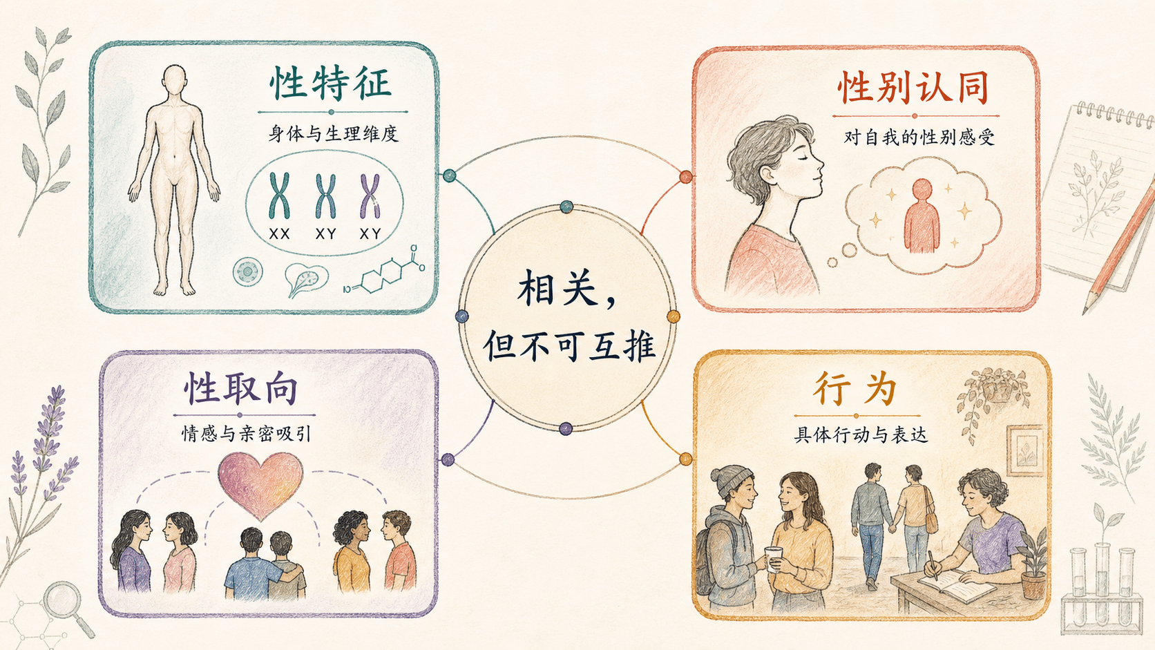 手绘生物信息图:性特征、性别认同、性取向与行为是彼此相关但不可互相推断的层次