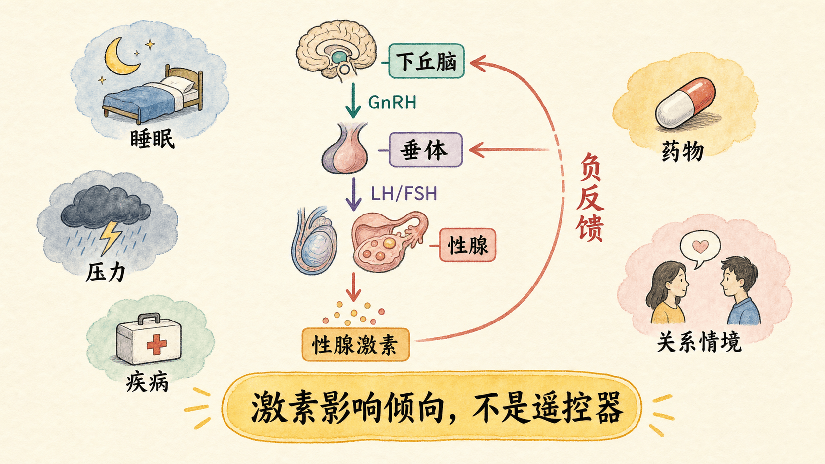 手绘生物信息图:下丘脑、垂体和性腺之间的反馈环路,以及情境因素的调节作用