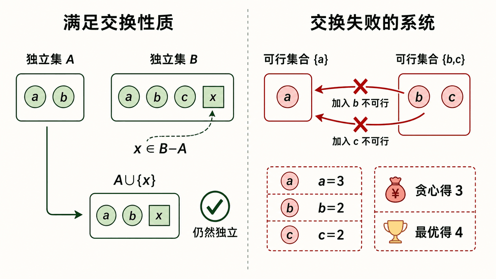 拟阵交换性质与失败反例:左侧可从较大独立集交换元素,右侧集合系统因无法交换而让权重贪心错过最优解。