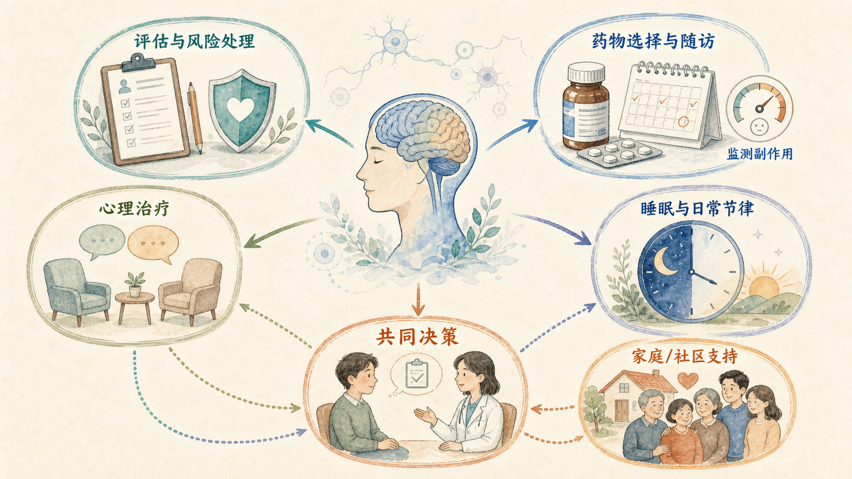 手绘生物信息图:亲代照料由婴儿线索、神经内分泌、经验、睡眠、压力和社会支持共同塑造