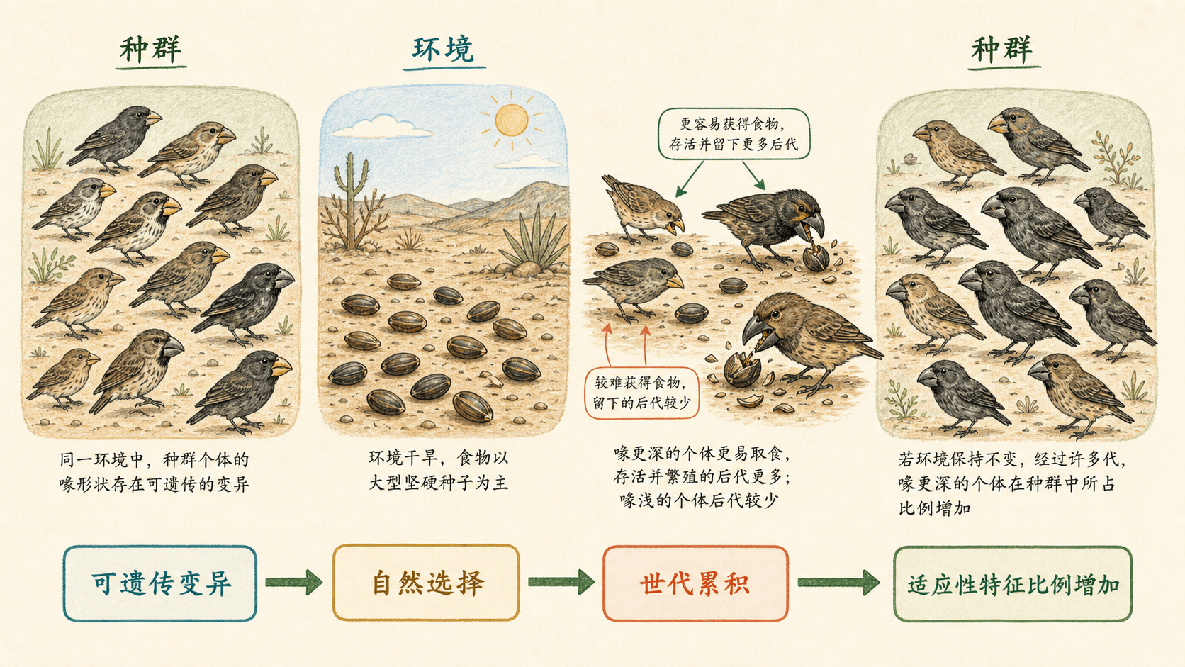 种群中的自然选择与适应 手绘流程图:种群内可遗传的喙形变异,在干旱环境中经自然选择和世代累积,使较深喙个体的比例增加。