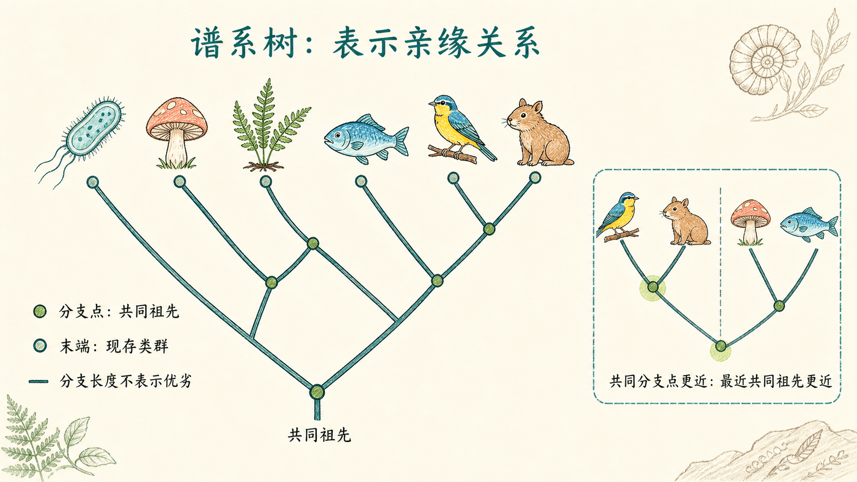 共同祖先与谱系树 手绘谱系树:分支点表示共同祖先,末端表示现存类群;图形强调亲缘关系而不表示优劣。