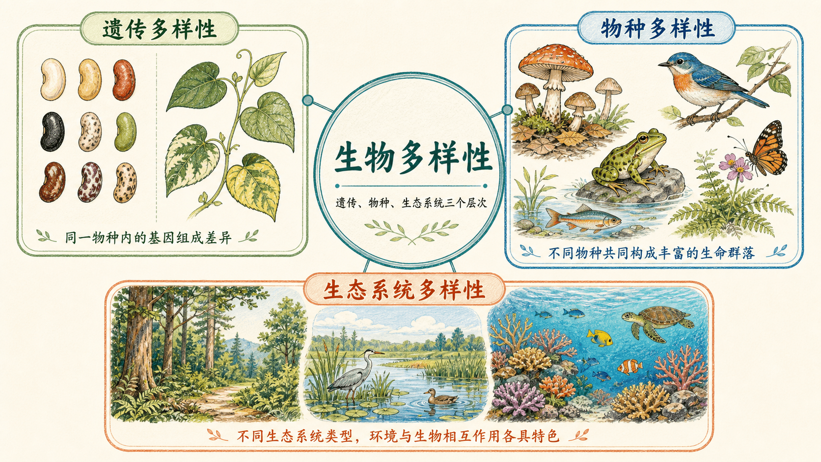生物多样性的三个层次 手绘概览图:生物多样性包括遗传多样性、物种多样性和生态系统多样性三个层次。