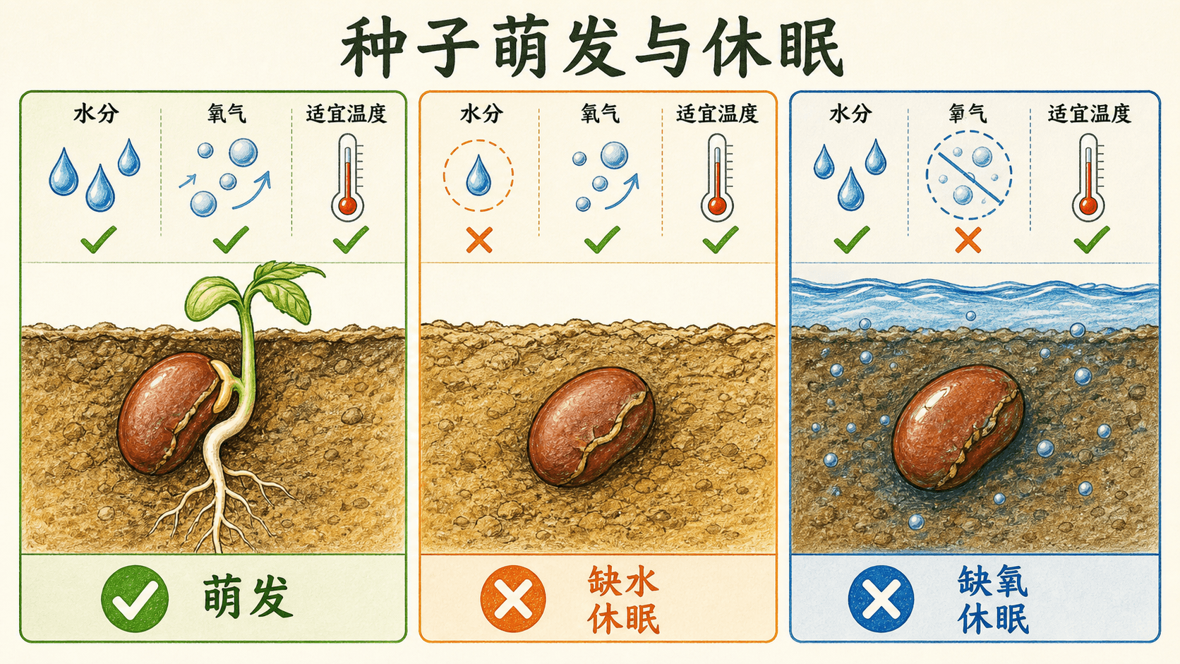 种子萌发与休眠调节 种子从休眠到萌发时内部状态和水氧温度条件共同变化的示意图
