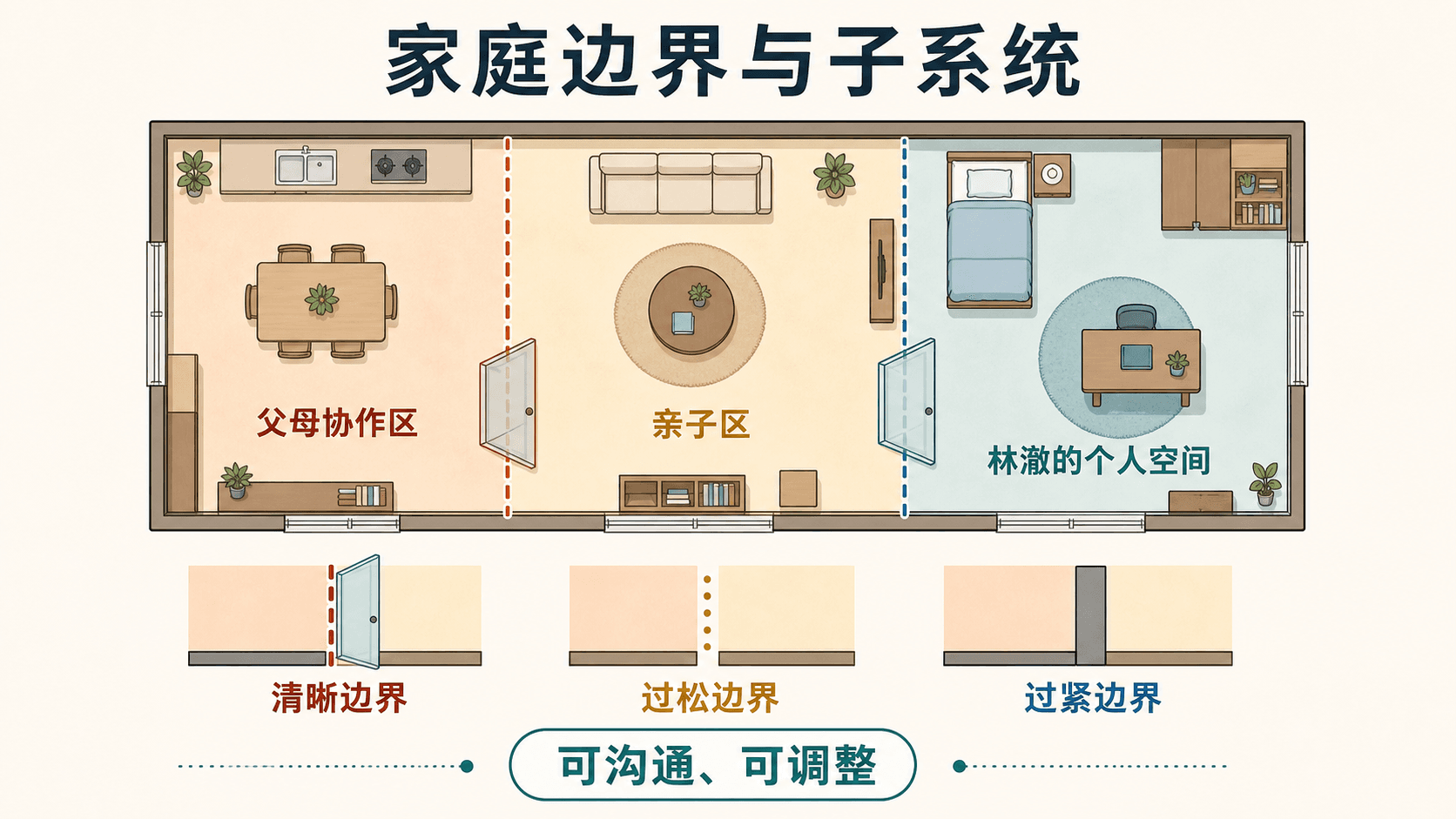 以父母协作区、亲子区和林澈个人空间说明可调整家庭边界的图解