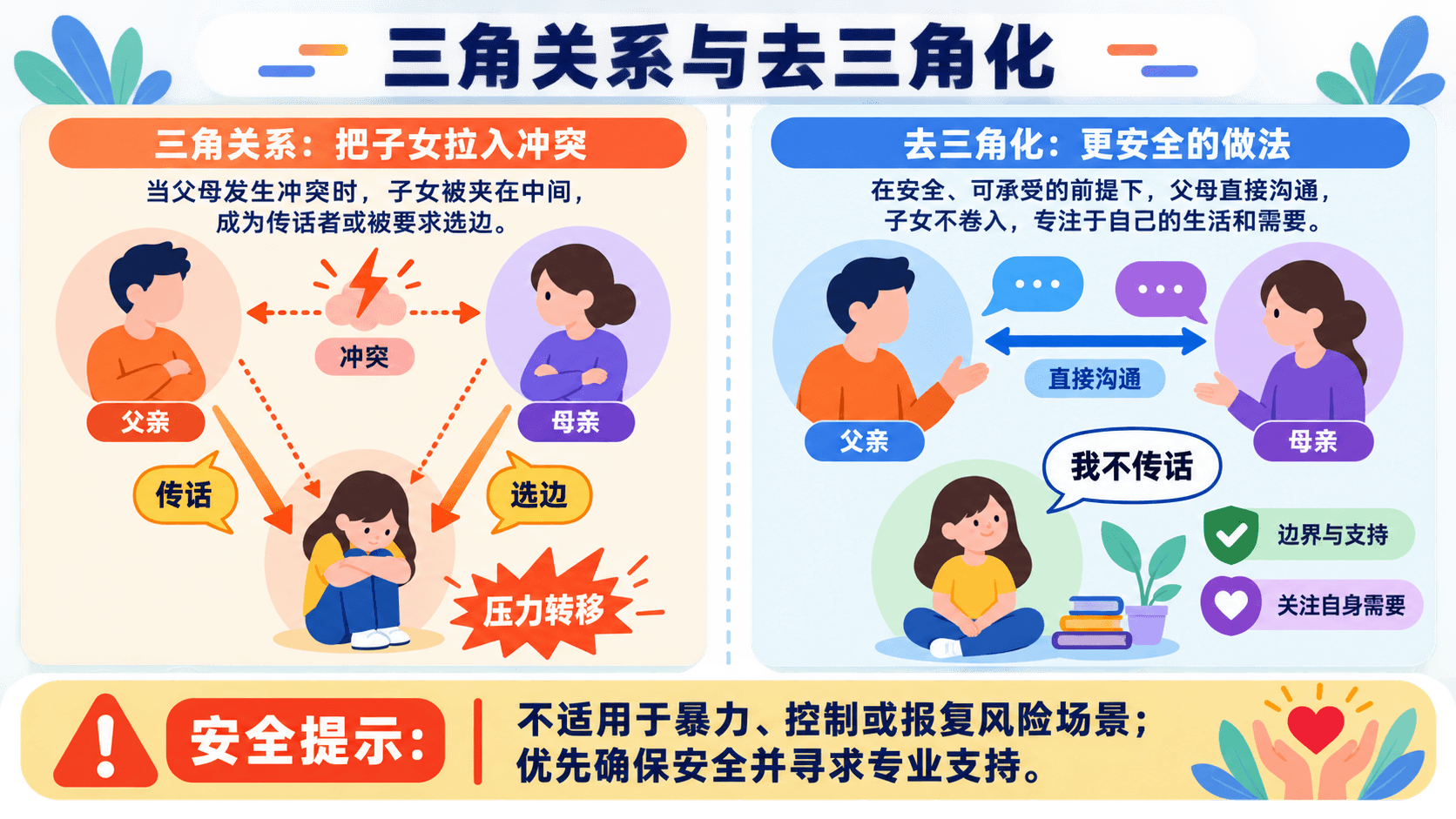 三角关系把子女拉入冲突,与在安全前提下由相关两人直接沟通、子女退出传话角色的对照图