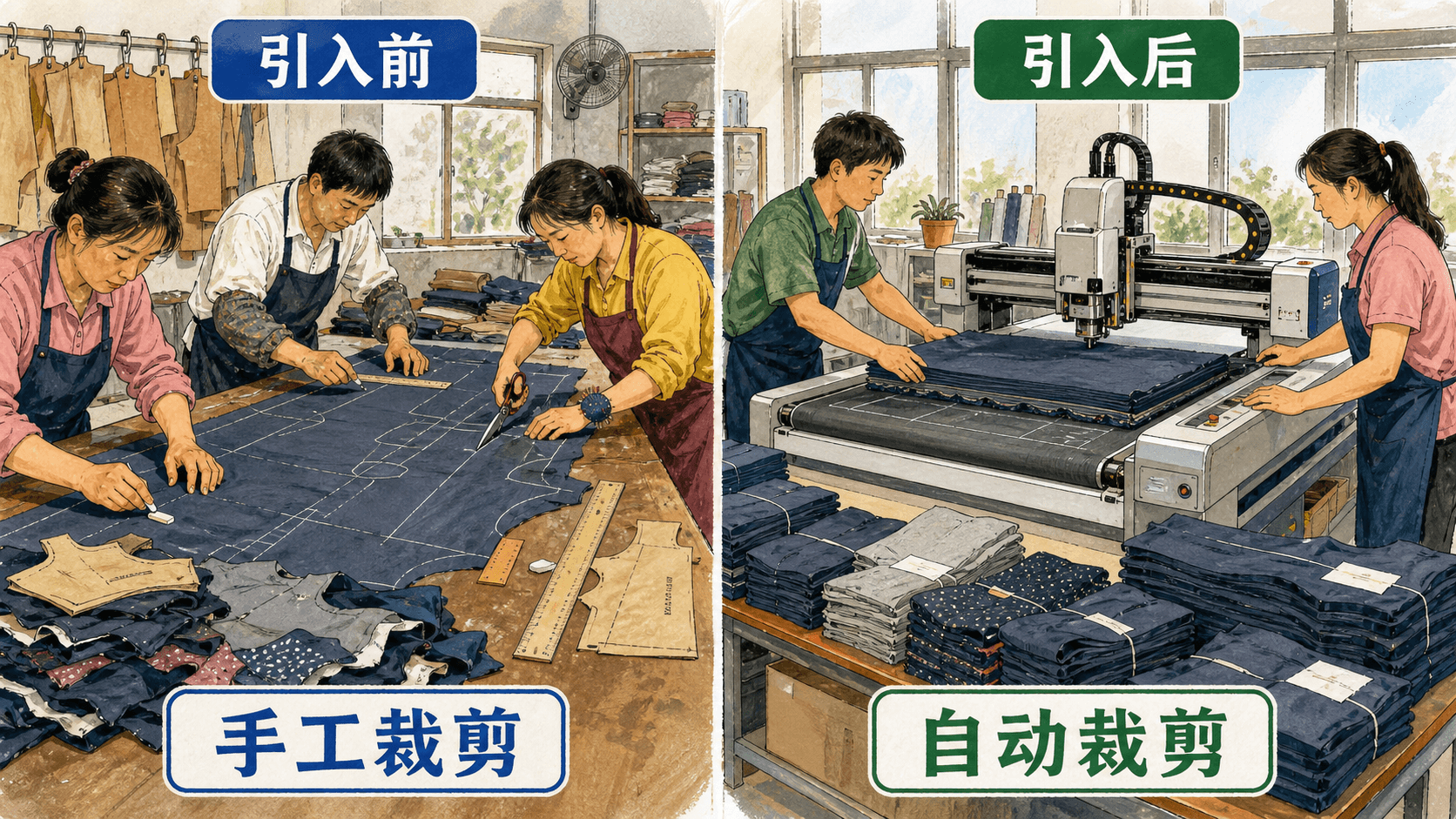 自动裁剪前后对照:左侧裁剪师手工排料裁切,右侧自动裁剪机按版型裁切布料