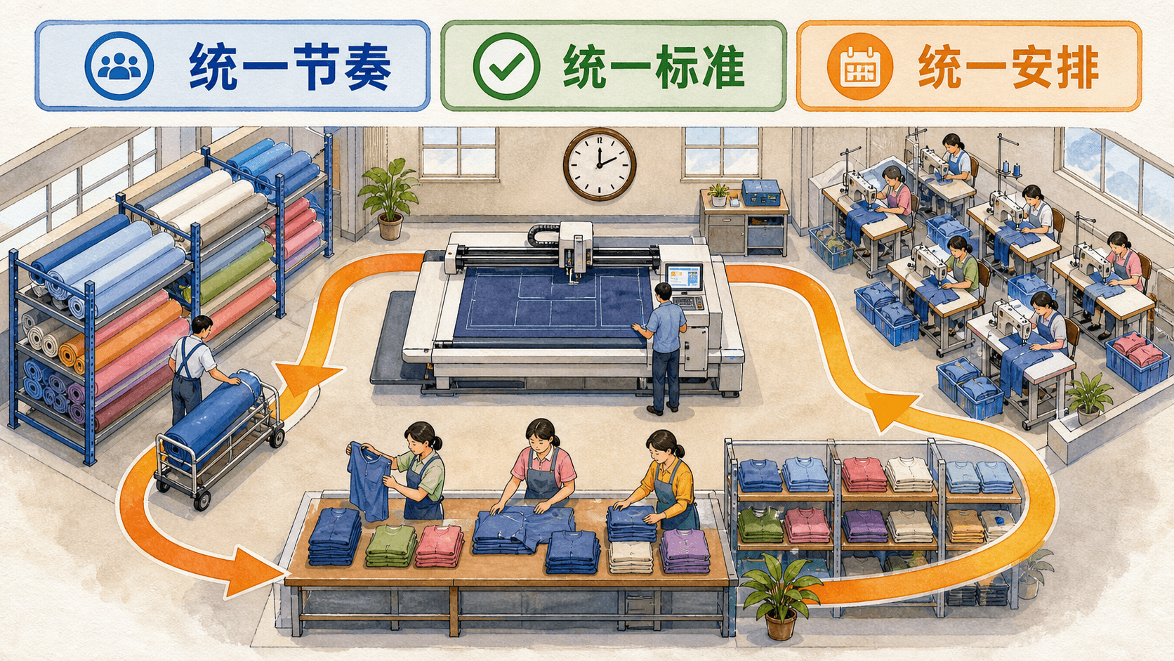 制衣工厂协作流程:布料、裁剪、缝制、检验与成品环节相互衔接
