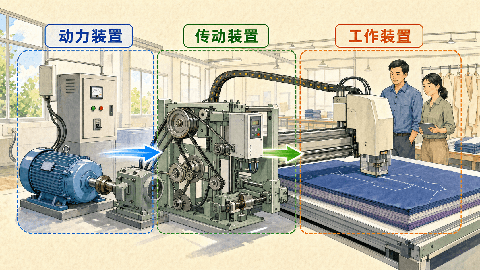 自动裁剪机系统示意:电机供能、传动机构、数字控制与裁刀压布共同完成裁切