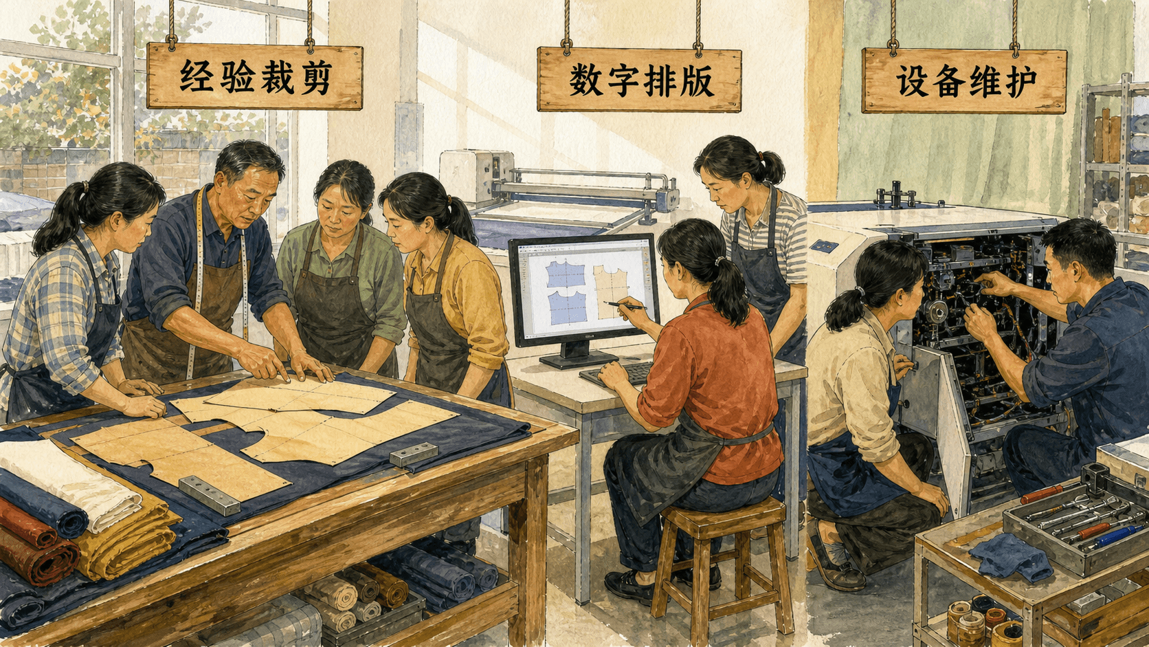 技能转变示意:经验裁剪、数字排版和设备维护需要衔接学习