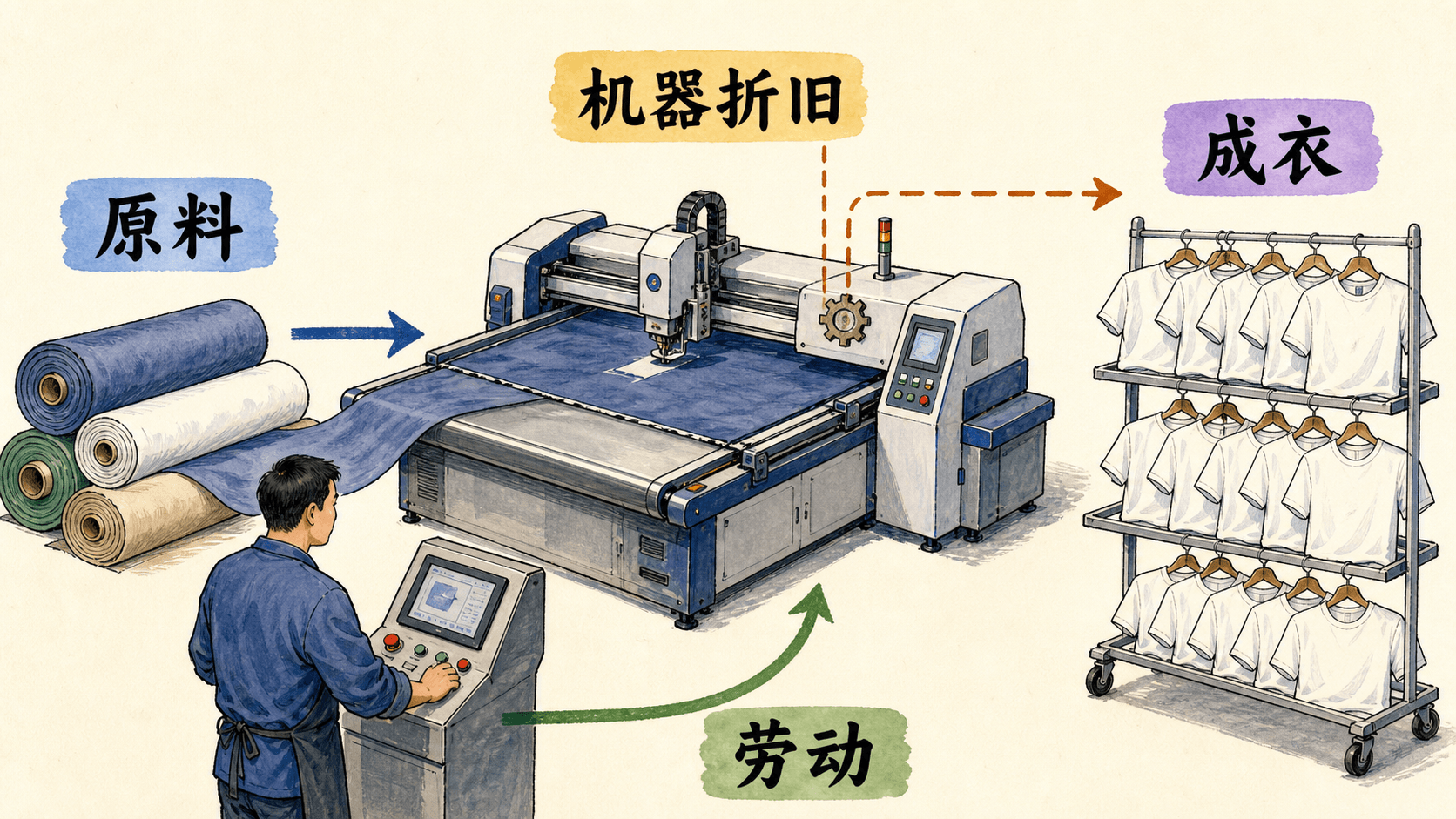 机器价值转移示意:原料、劳动和设备折旧分别进入成衣,不把机器当作自动创造价值的主体