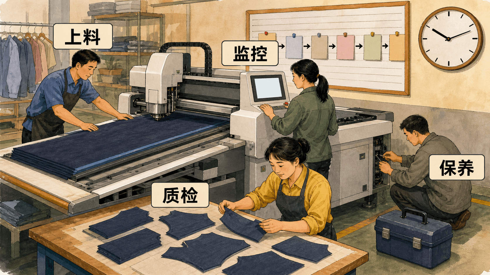自动裁剪机周围的岗位:上料、监控、质检和保养