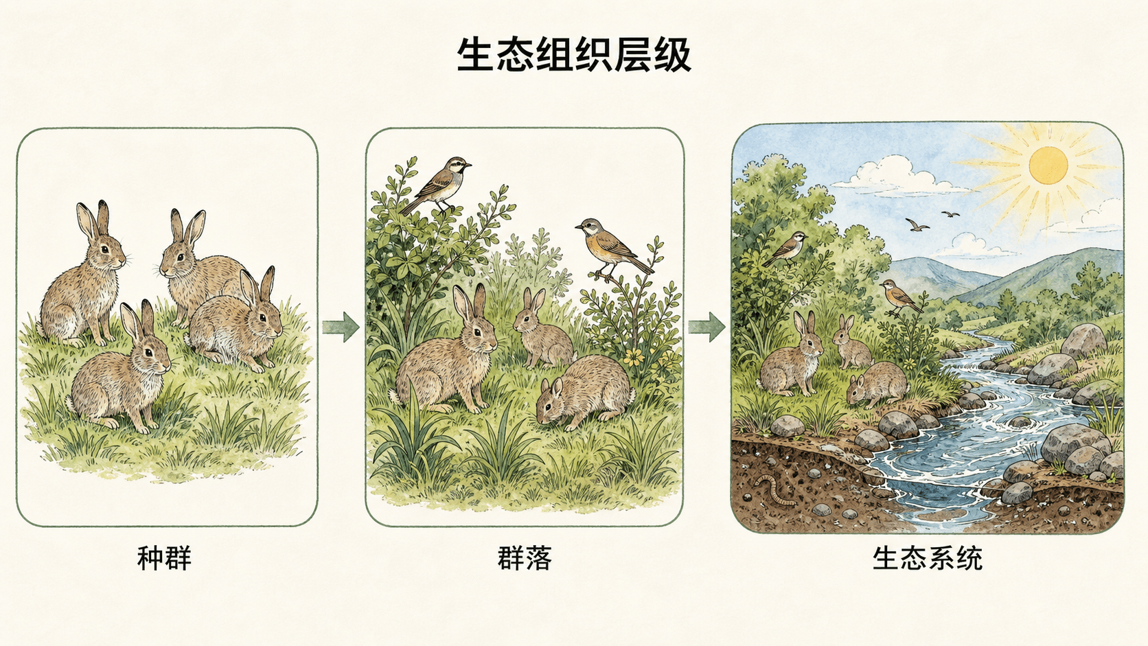 生态组织层级 手绘图:同种兔子组成种群,多种生物组成群落,生物与非生物环境共同构成生态系统。