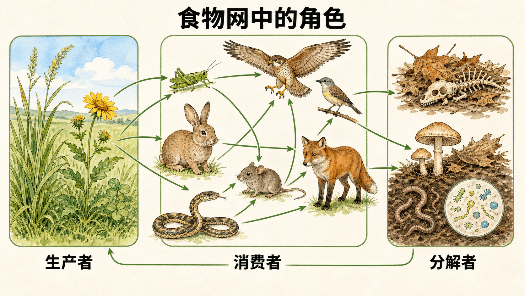 食物网中的角色 手绘食物网:植物作为生产者,动物作为消费者,真菌和蚯蚓等参与分解,箭头表示取食关系。
