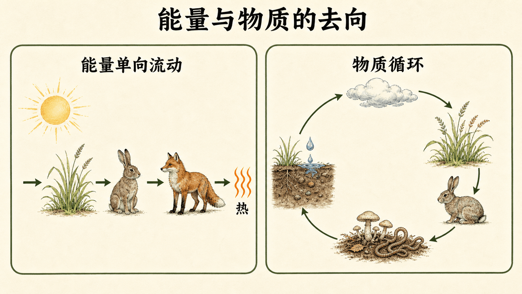 能量与物质的去向 对照图:能量由太阳输入,沿食物链单向传递并以热散失;物质在生物与环境之间循环。