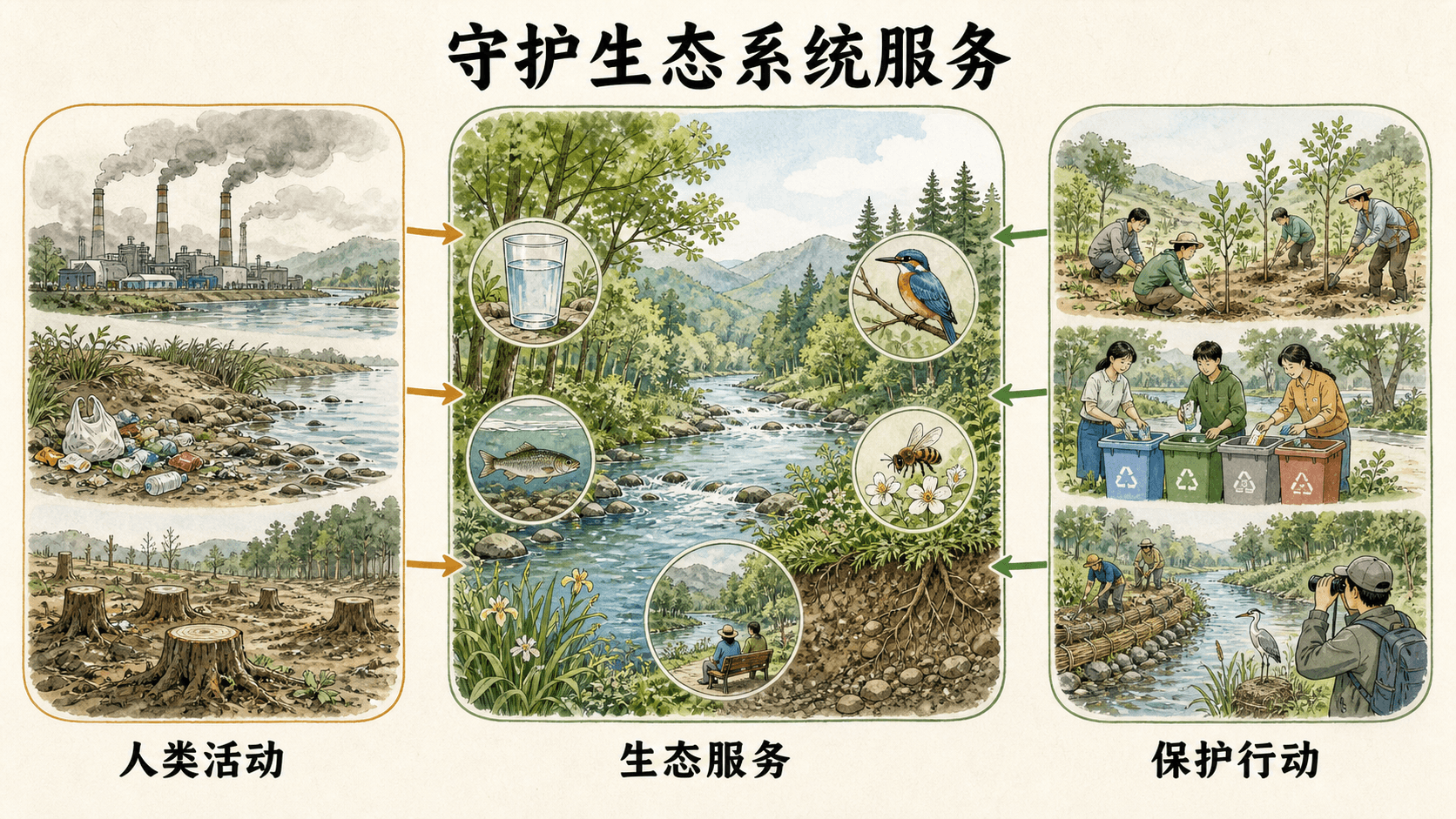 守护生态系统服务 手绘关联图:排放、垃圾和砍伐给河流森林带来压力;植树、分类回收、河岸修复和观察野生动物有助于维护生态服务。
