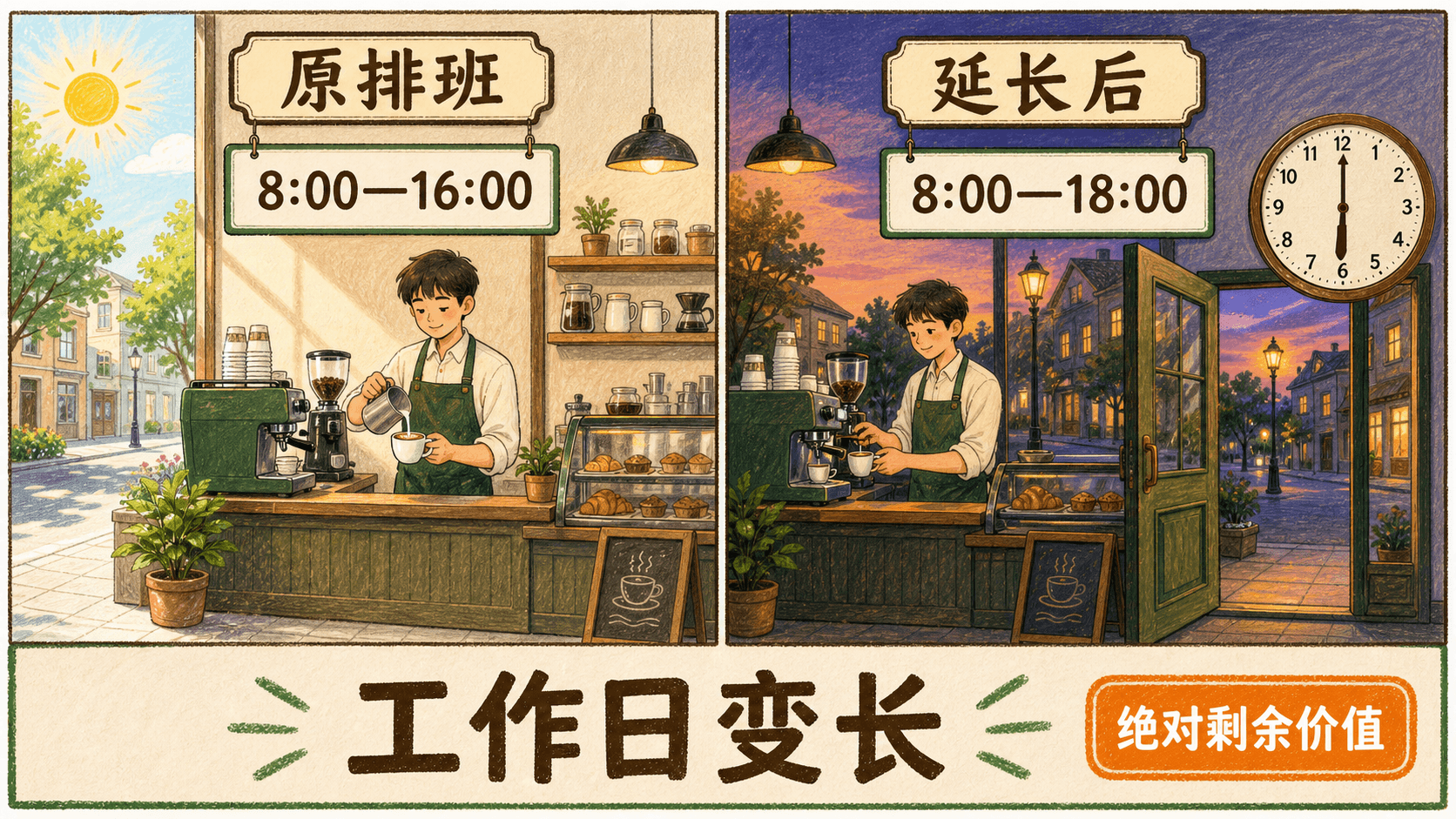 咖啡馆的原排班从八小时延长到十小时,昼夜与时钟强调工作日变长