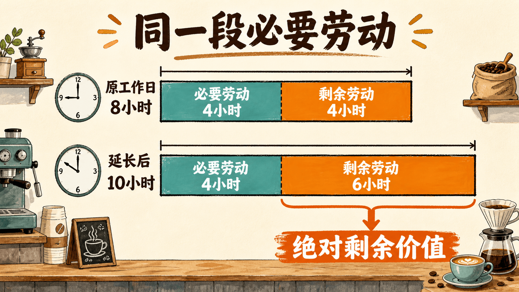 绝对剩余价值的时间条:八小时由四小时必要劳动与四小时剩余劳动组成,十小时中必要劳动仍为四小时、剩余劳动增为六小时