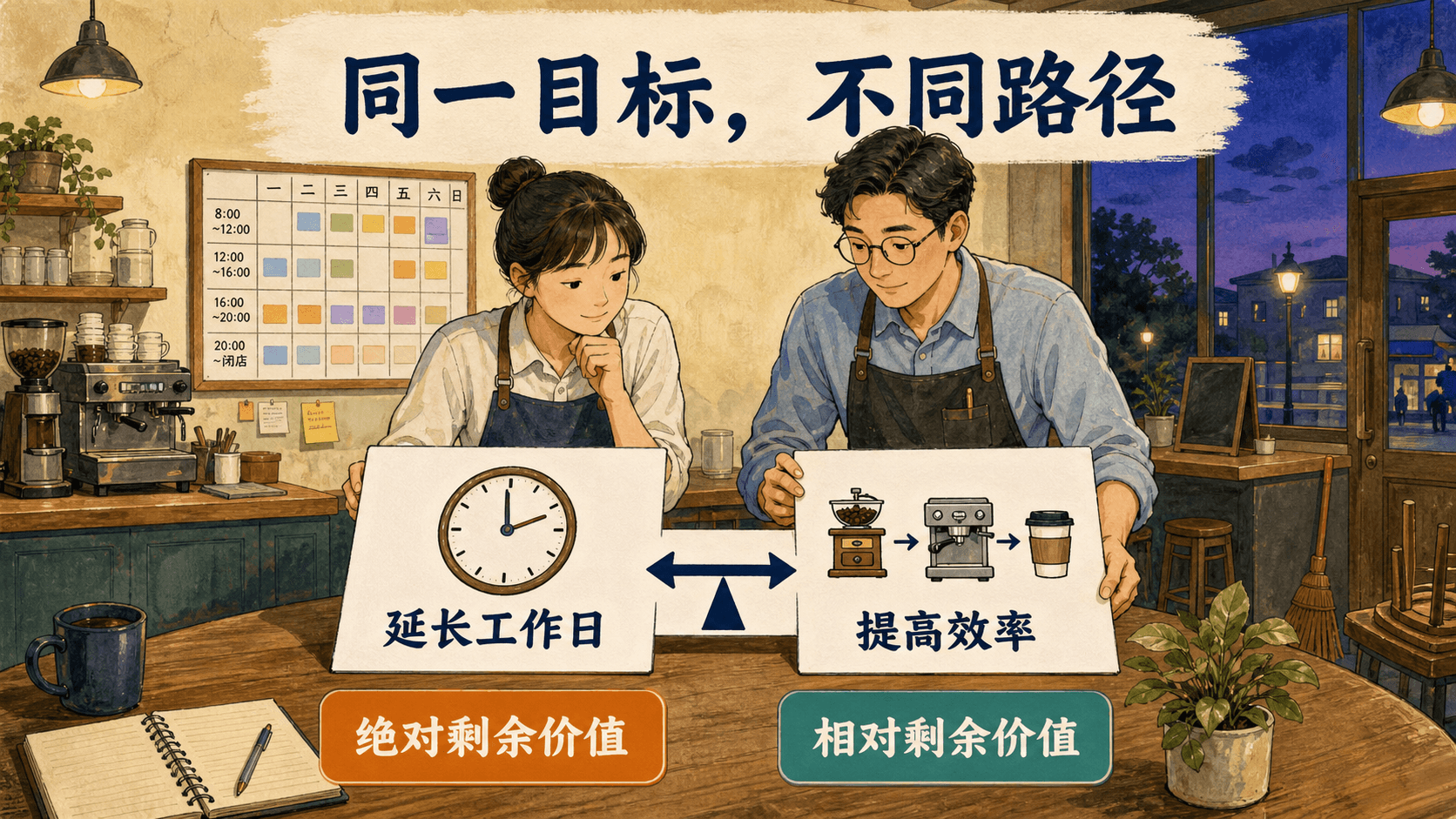闭店后的咖啡馆中,两人把延长工作日与提高效率两张卡片放在平衡箭头两侧,比较两种剩余价值的机制