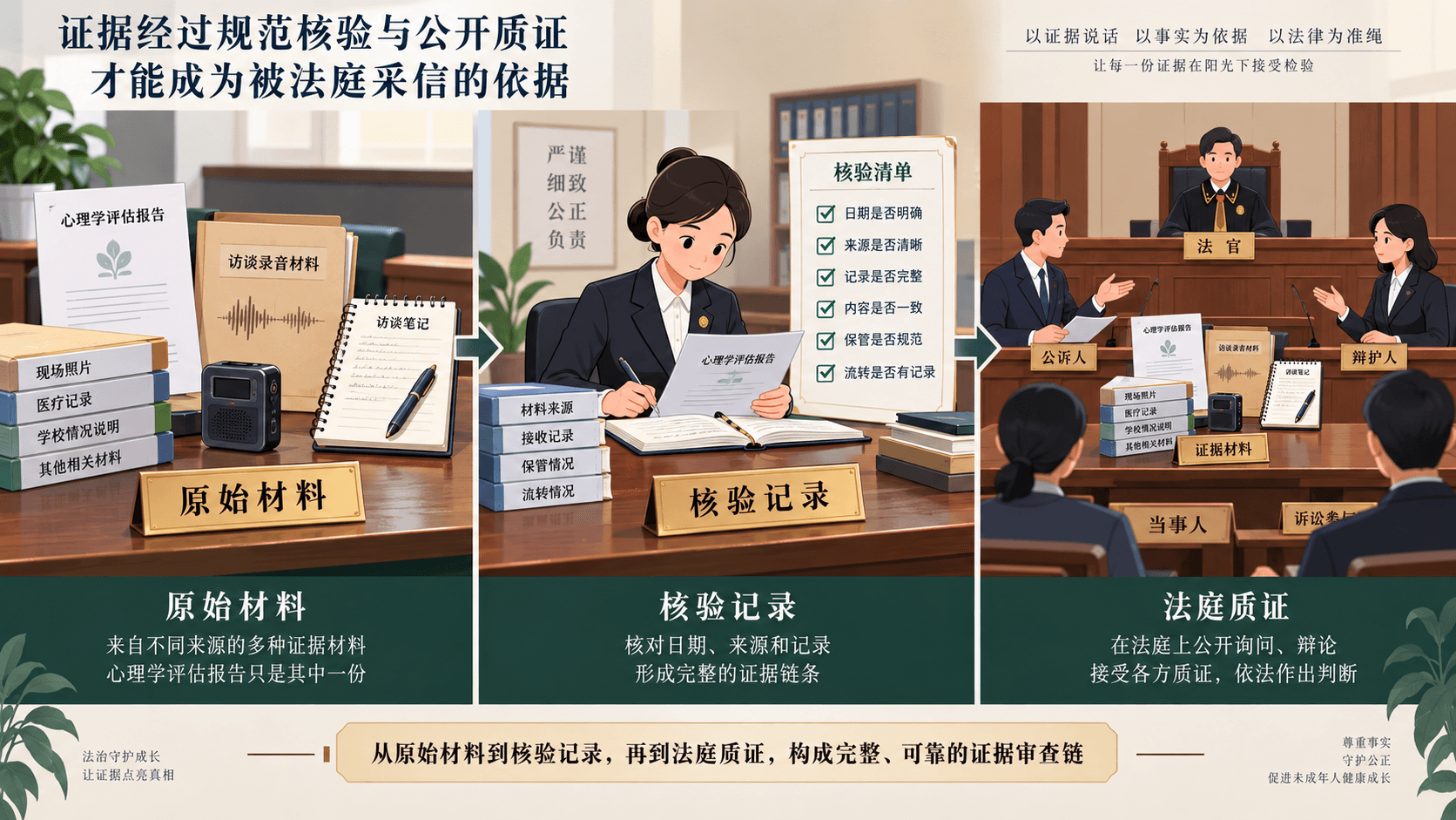 原始材料、核验记录与法庭质证构成可追溯的证据链,心理学评估报告只是其中一项材料
