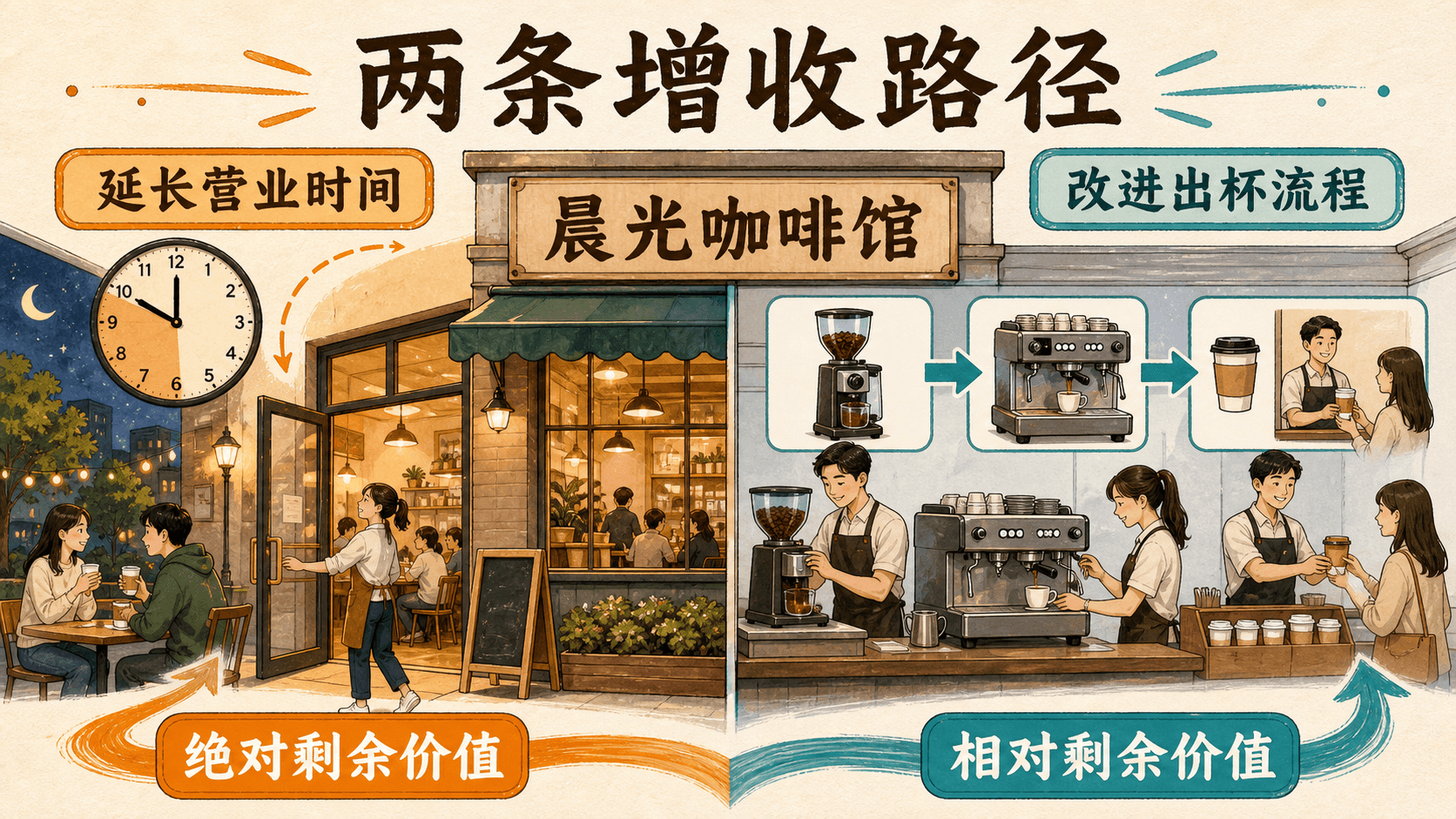 咖啡馆的两条路径:一侧延长工作日,另一侧改进出杯流程