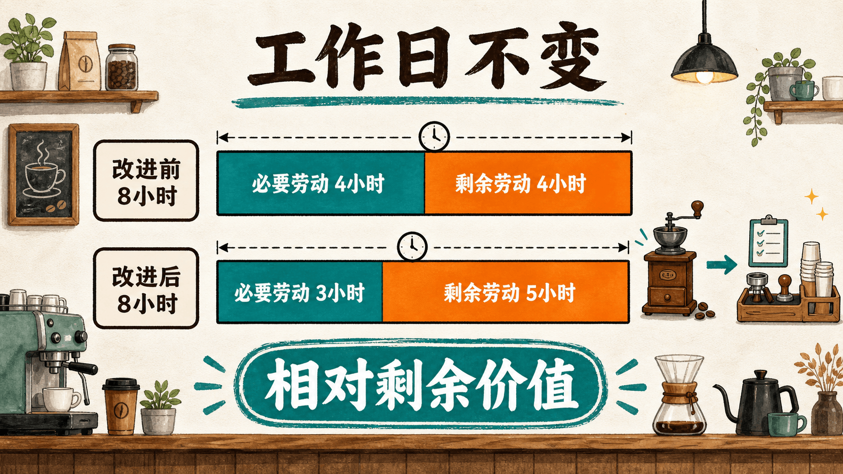 相对剩余价值的时间条:两个工作日均为八小时,必要劳动由四小时缩为三小时,剩余劳动由四小时扩为五小时