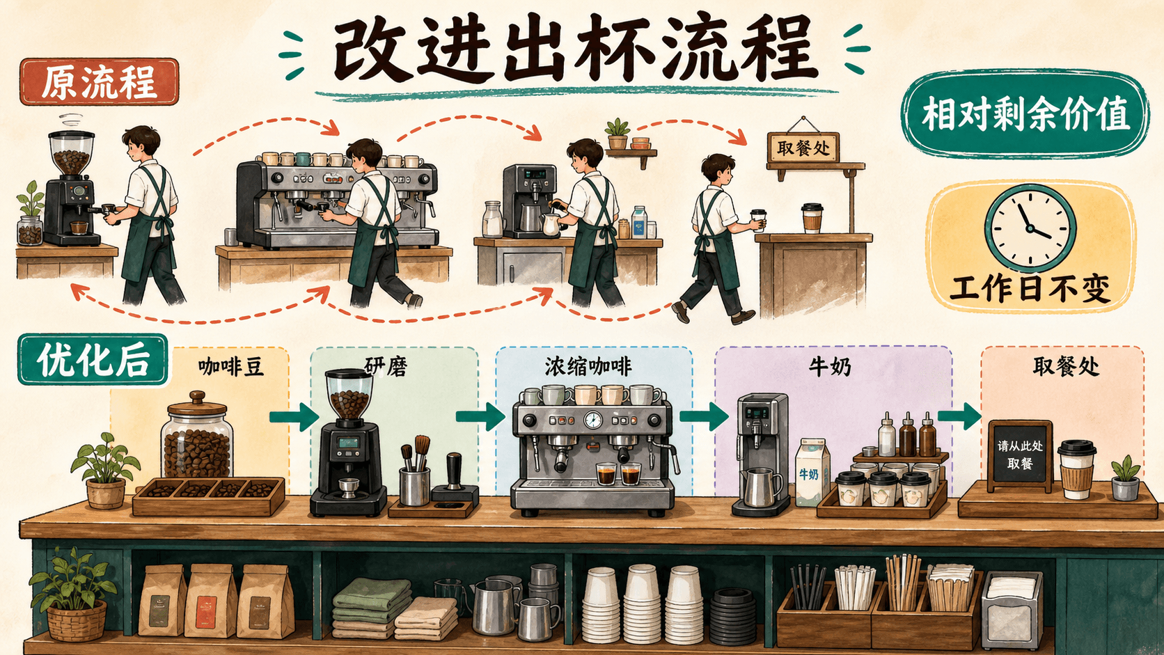 咖啡馆的出杯流程优化:从反复往返取用器具,改为咖啡豆、研磨、浓缩、牛奶和取餐处顺畅衔接