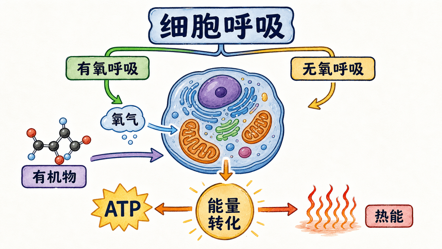 细胞呼吸总体:有机物、氧气、ATP 与热 谷物有机物在细胞内经呼吸作用释放能量的总体示意