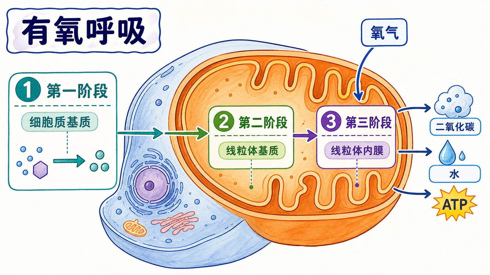 线粒体与有氧呼吸阶段:基质、内膜和细胞质基质 线粒体结构与有氧呼吸三个主要阶段的场所对应图