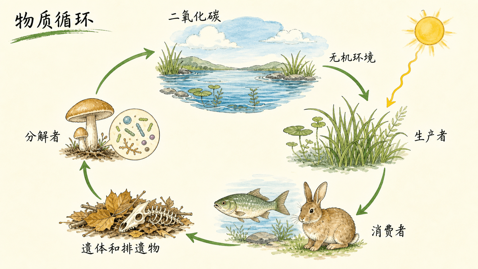 能量沿营养级递减 能量从生产者经初级消费者和次级消费者逐级传递并散失的金字塔示意图