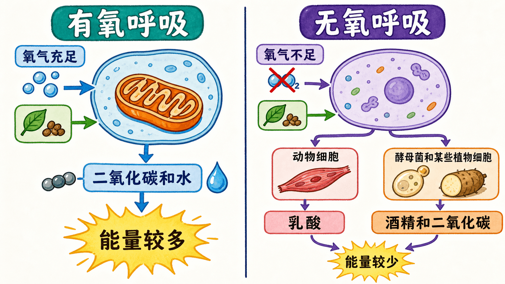 无氧呼吸比较:乳酸型与酒精和二氧化碳型 乳酸型与酒精和二氧化碳型无氧呼吸的产物比较