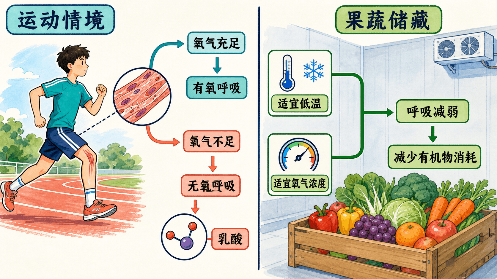 运动与储藏情境:细胞呼吸速率受条件调节 运动时肌细胞供能与谷物低温干燥储藏的对照情境