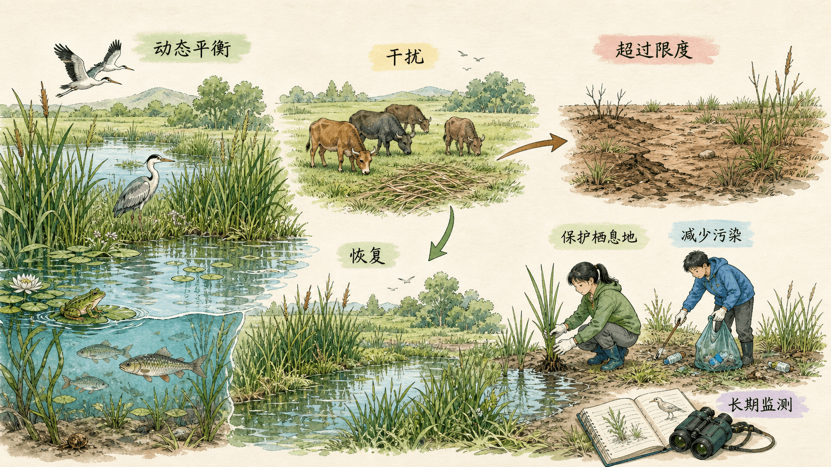 生态系统调节能力的限度 草原受到适度与过度放牧后植被和土壤变化不同的对比示意图