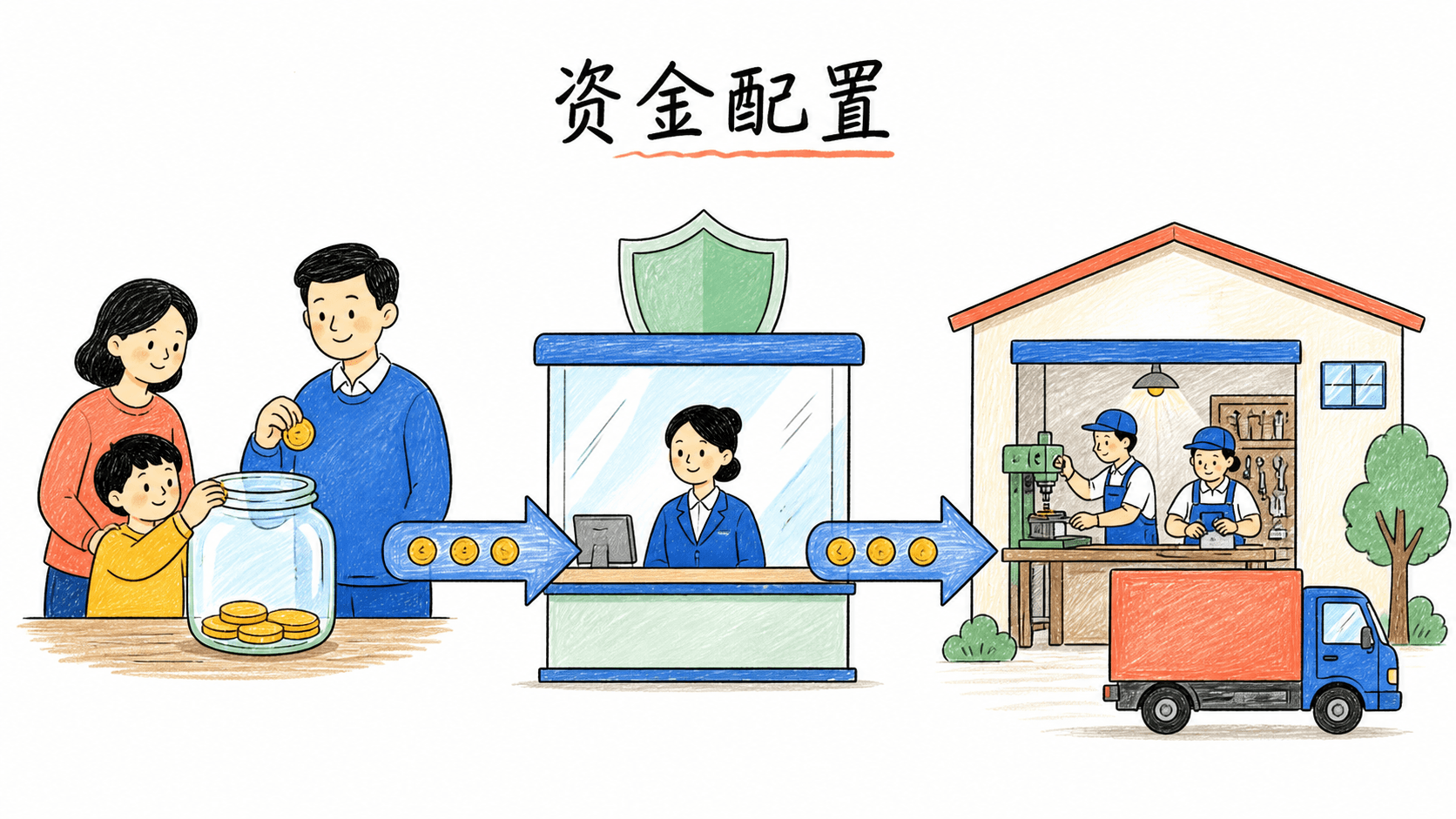 澜国金融体系把储蓄、银行风险屏障与小微经营者资金需求连接起来的资金配置示意图