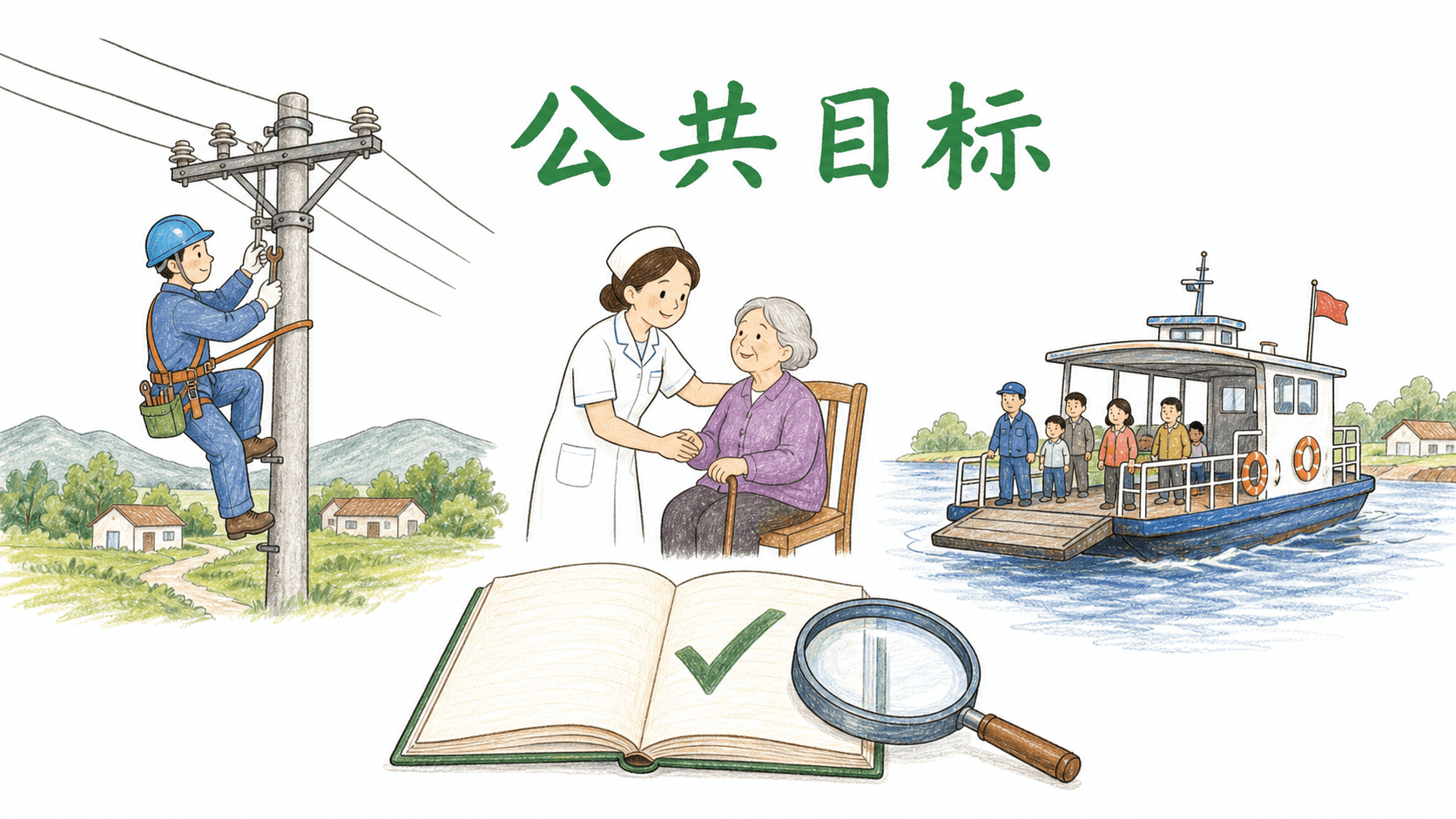 供电、基层医疗和航运等公共目标与预算、审计和可核查账目相连接的示意图