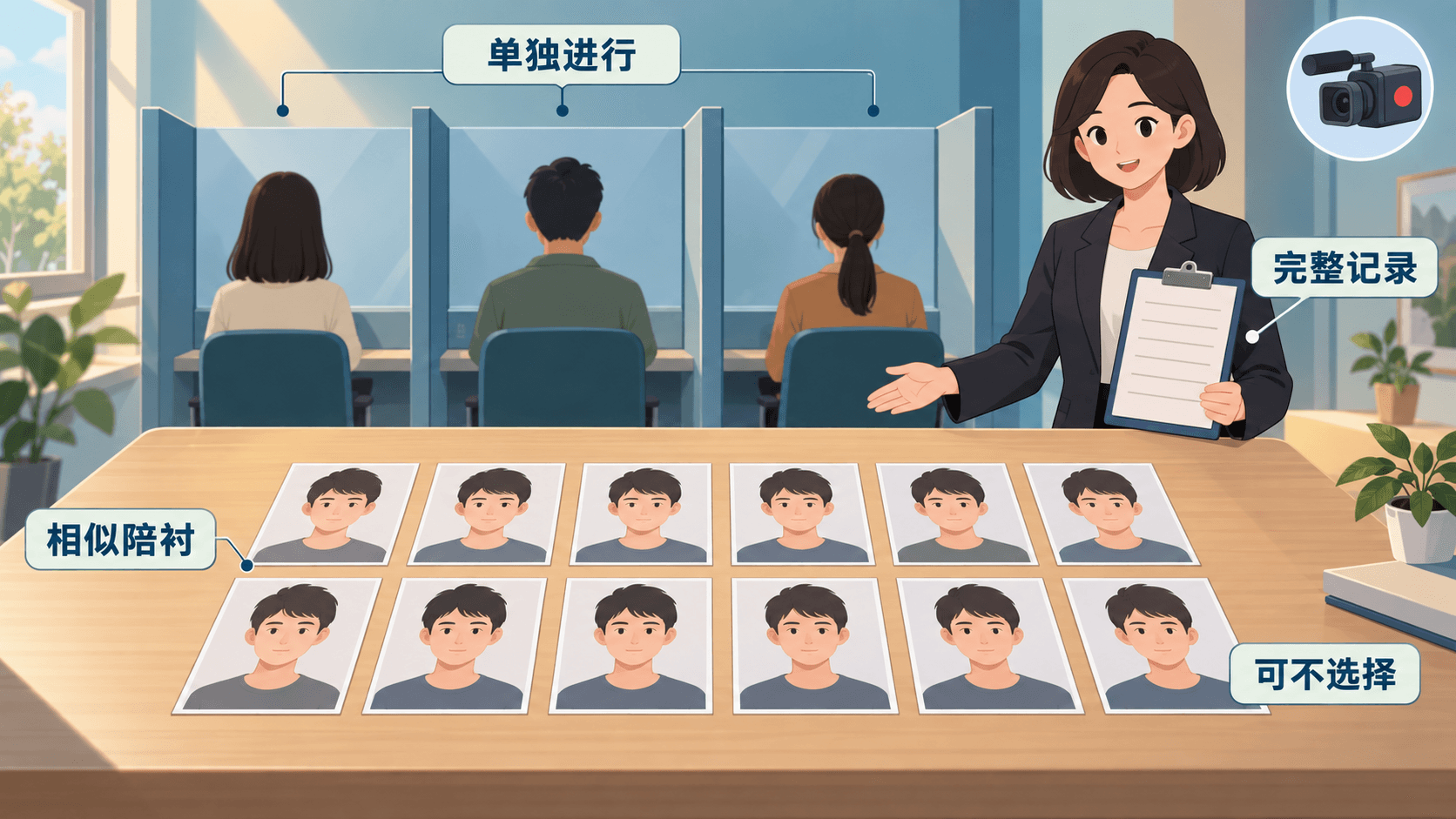 相似特征的匿名照片卡分散摆放在桌面上,背景展示单独进行的辨认座位、记录夹和录音录像图标,标注相似陪衬、单独进行、完整记录和可不选择