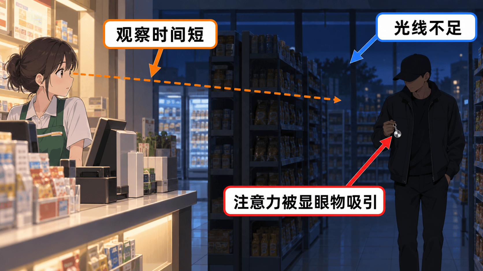 便利店店员在低照明和货架遮挡下短暂观察一名戴帽男子,男子手中的显眼金属物分散注意力,标注光线不足、观察时间短和注意力被显眼物吸引