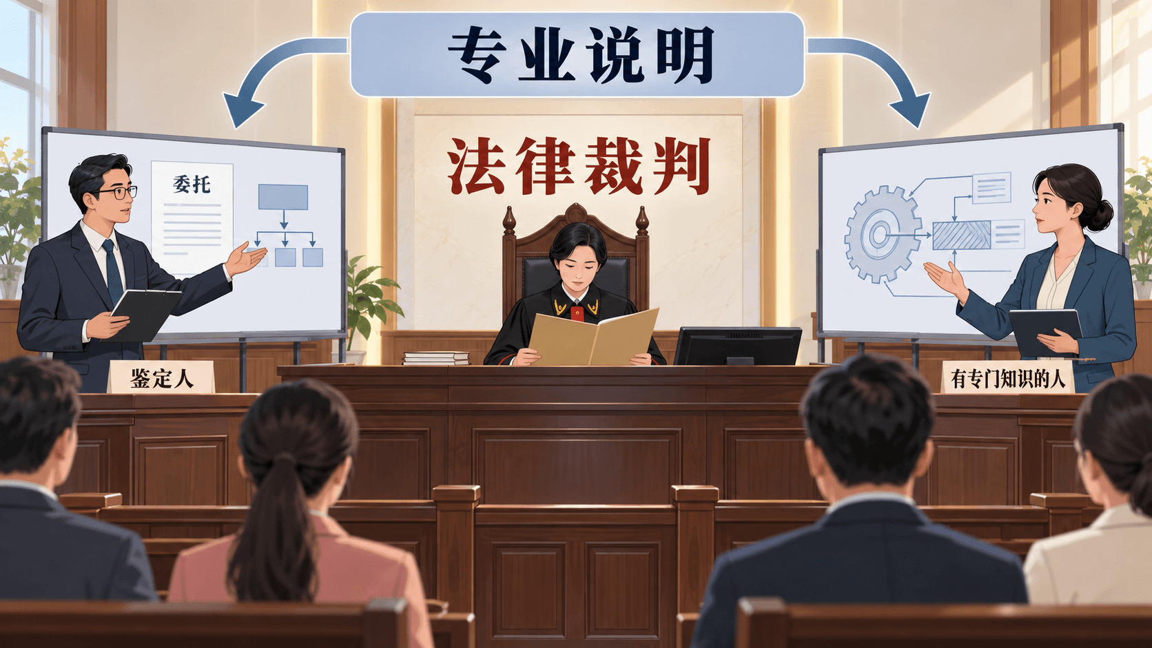 法庭中鉴定人与有专门知识的人分别进行委托范围和技术说明,中央法官保留法律裁判职责的示意图