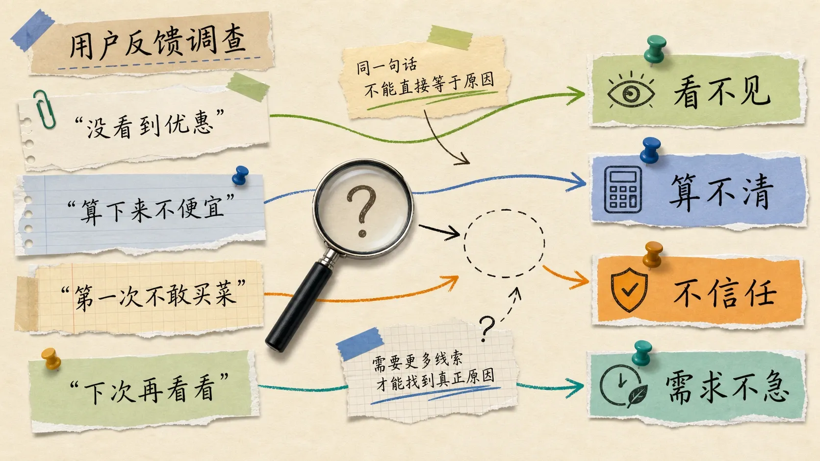 用户反馈被拆解为不同可能原因的调查板